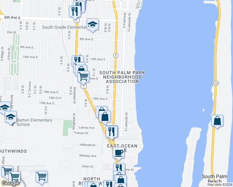 map of restaurants, bars, coffee shops, grocery stores, and more near 1310 South Federal Highway in Lake Worth