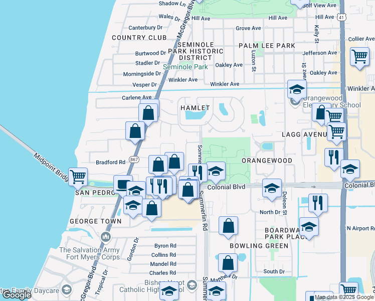 map of restaurants, bars, coffee shops, grocery stores, and more near 701 Lazio Way in Fort Myers