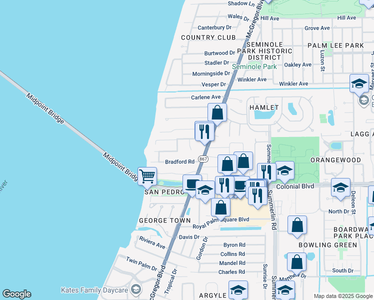 map of restaurants, bars, coffee shops, grocery stores, and more near 4346 Jami Court in Fort Myers