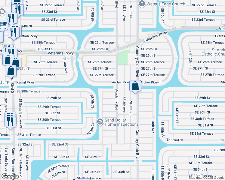 map of restaurants, bars, coffee shops, grocery stores, and more near 621 Southeast 28th Terrace in Cape Coral