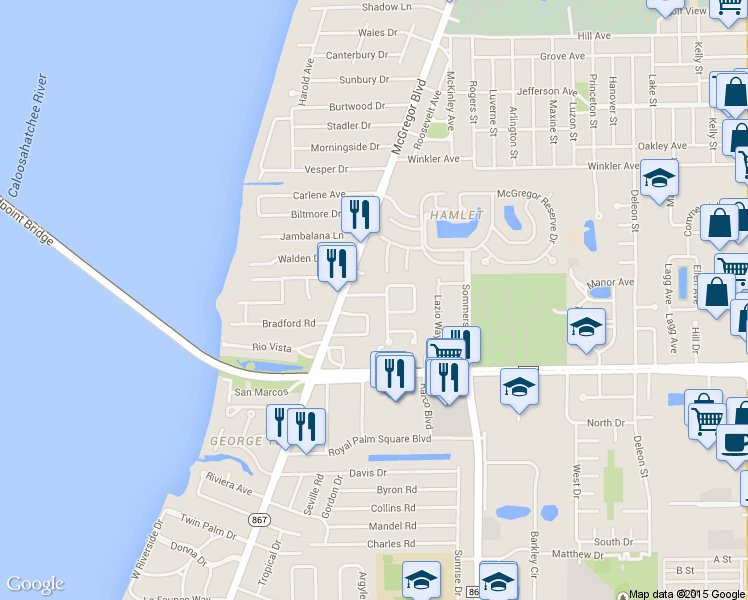 map of restaurants, bars, coffee shops, grocery stores, and more near 1436 Terra Palma Drive in Fort Myers