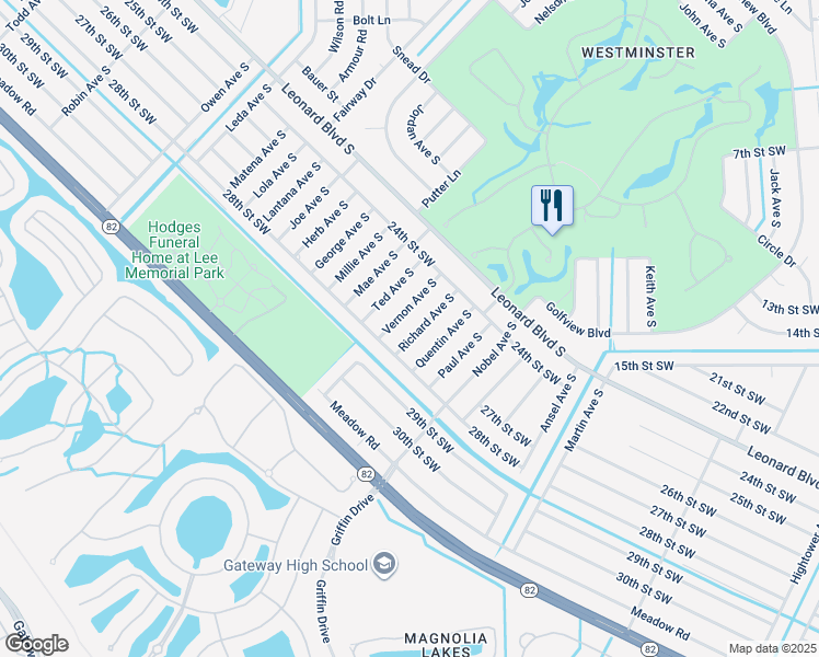 map of restaurants, bars, coffee shops, grocery stores, and more near 2427 Richard Avenue South in Lehigh Acres