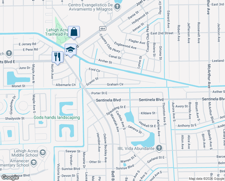 map of restaurants, bars, coffee shops, grocery stores, and more near 829 Porter Street in Lehigh Acres