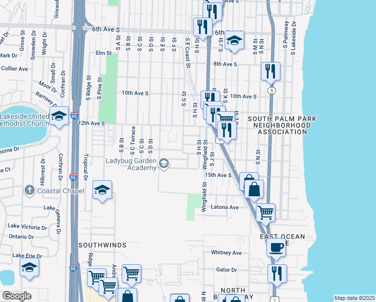 map of restaurants, bars, coffee shops, grocery stores, and more near 1006 14th Avenue South in Lake Worth