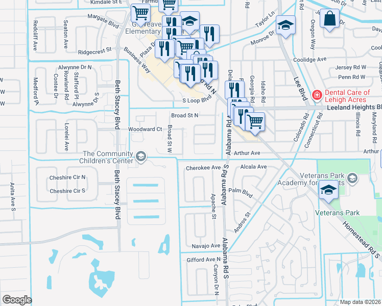 map of restaurants, bars, coffee shops, grocery stores, and more near 7 Vineyard Street in Lehigh Acres