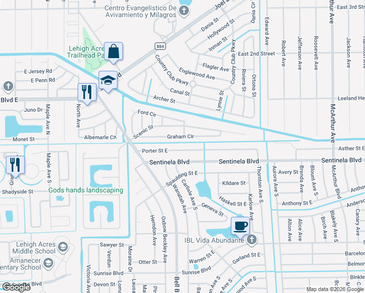 map of restaurants, bars, coffee shops, grocery stores, and more near 829 Porter Street in Lehigh Acres