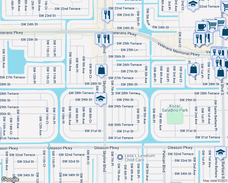 map of restaurants, bars, coffee shops, grocery stores, and more near 2815 Southwest 7th Place in Cape Coral