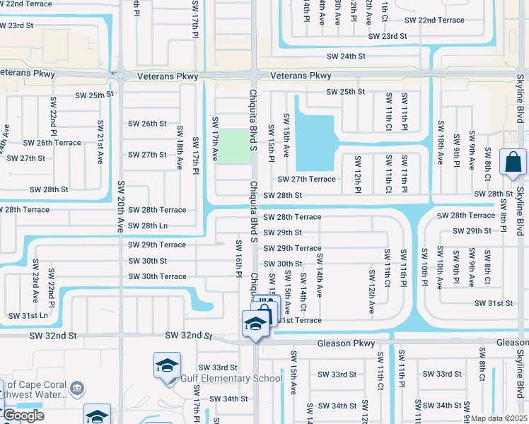 map of restaurants, bars, coffee shops, grocery stores, and more near 1525 Southwest 28th Terrace in Cape Coral