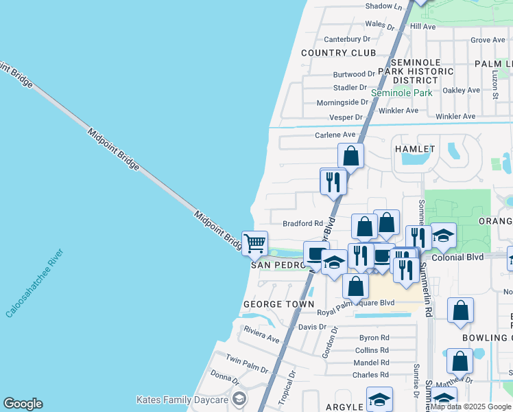 map of restaurants, bars, coffee shops, grocery stores, and more near 1301 Caloosa Vista Road in Fort Myers