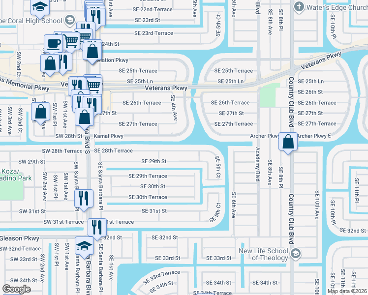 map of restaurants, bars, coffee shops, grocery stores, and more near 407 Southeast 28th Terrace in Cape Coral