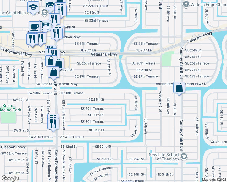 map of restaurants, bars, coffee shops, grocery stores, and more near 407 Southeast 28th Terrace in Cape Coral