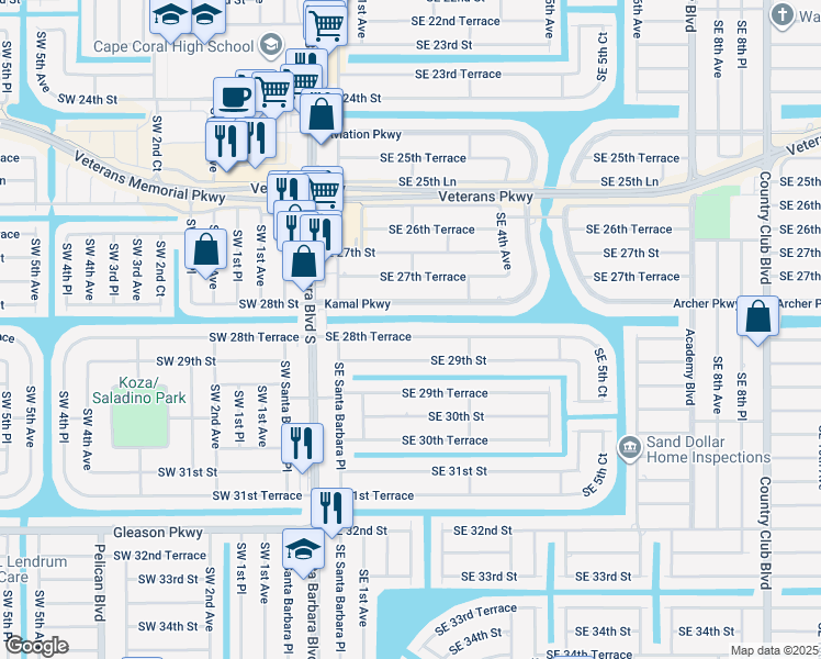 map of restaurants, bars, coffee shops, grocery stores, and more near 215 Southeast 28th Terrace in Cape Coral