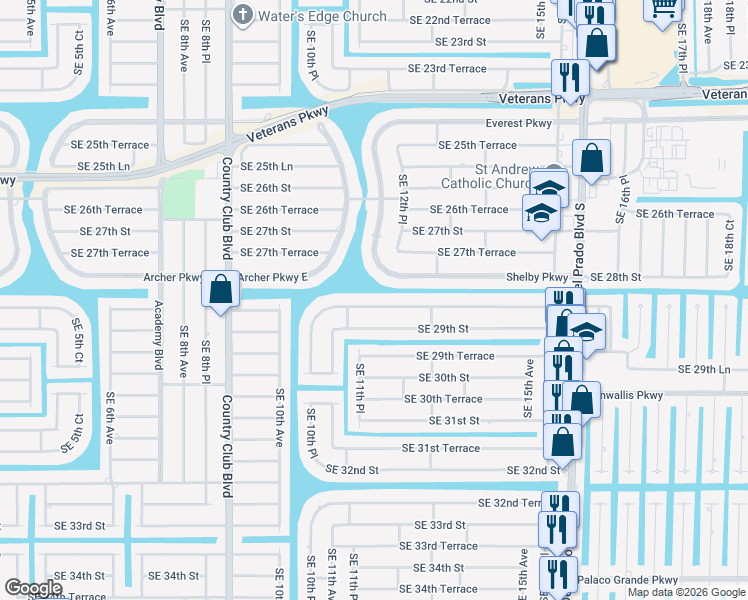 map of restaurants, bars, coffee shops, grocery stores, and more near 1141 Southeast 28th Terrace in Cape Coral