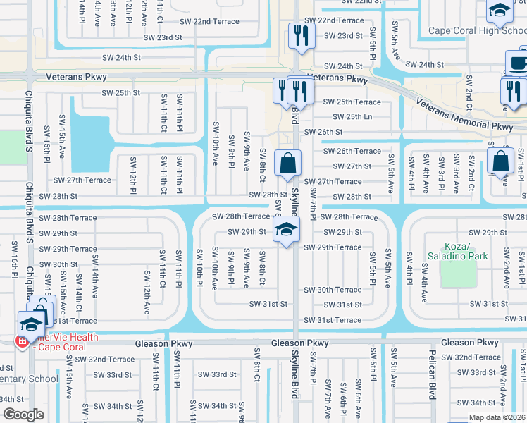 map of restaurants, bars, coffee shops, grocery stores, and more near 827 Southwest 28th Terrace in Cape Coral