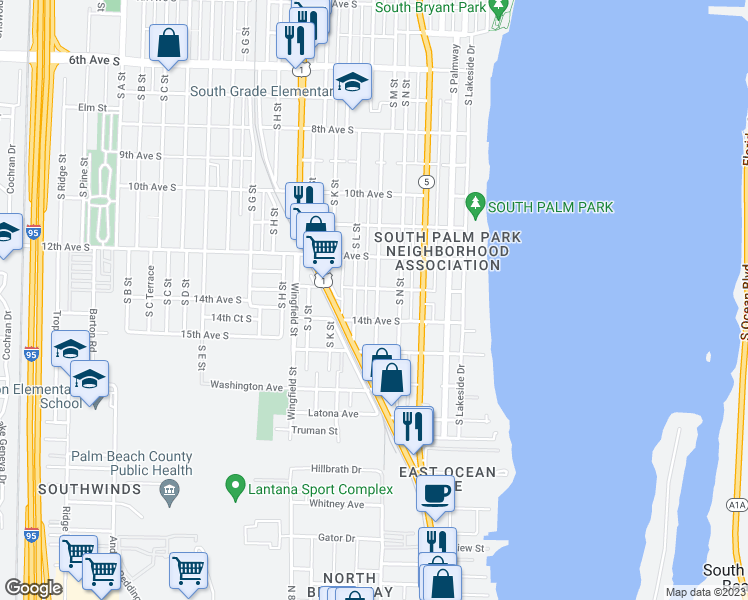 map of restaurants, bars, coffee shops, grocery stores, and more near 1311 South M Street in Lake Worth