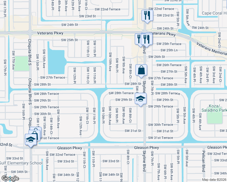 map of restaurants, bars, coffee shops, grocery stores, and more near 937 Southwest 28th Terrace in Cape Coral