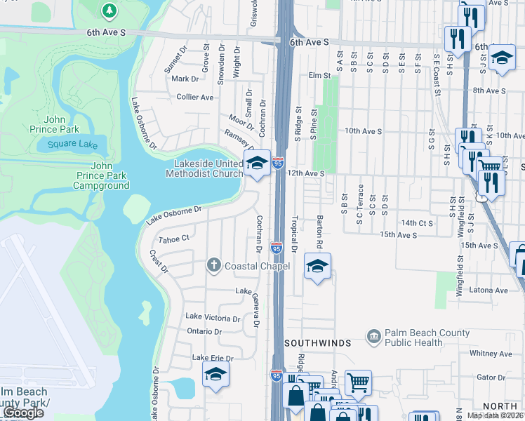 map of restaurants, bars, coffee shops, grocery stores, and more near 1414 Cochran Drive in Lake Worth