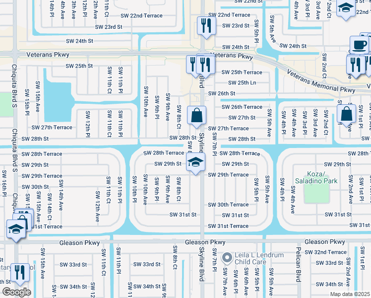 map of restaurants, bars, coffee shops, grocery stores, and more near 2814 Southwest 8th Place in Cape Coral