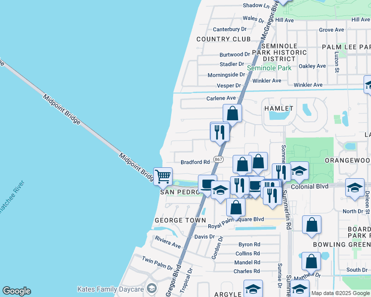map of restaurants, bars, coffee shops, grocery stores, and more near 1325 Caloosa Vista Road in Fort Myers