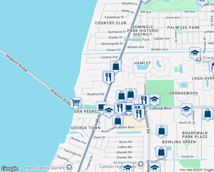 map of restaurants, bars, coffee shops, grocery stores, and more near 4610 McGregor Boulevard in Fort Myers