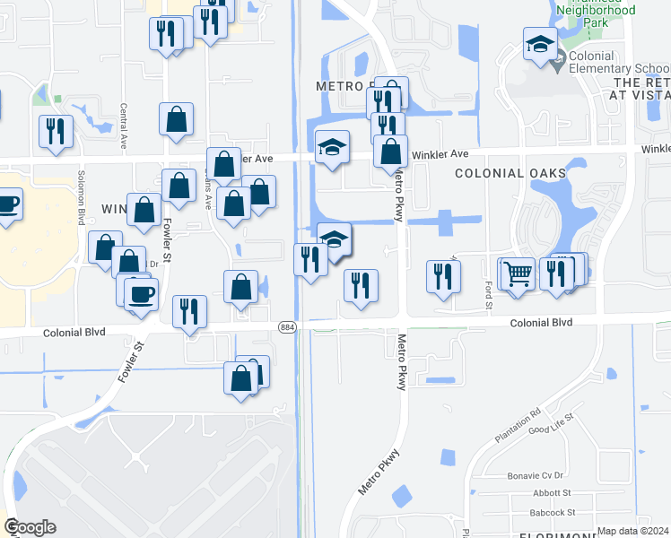 map of restaurants, bars, coffee shops, grocery stores, and more near 2855 Colonial Boulevard in Fort Myers