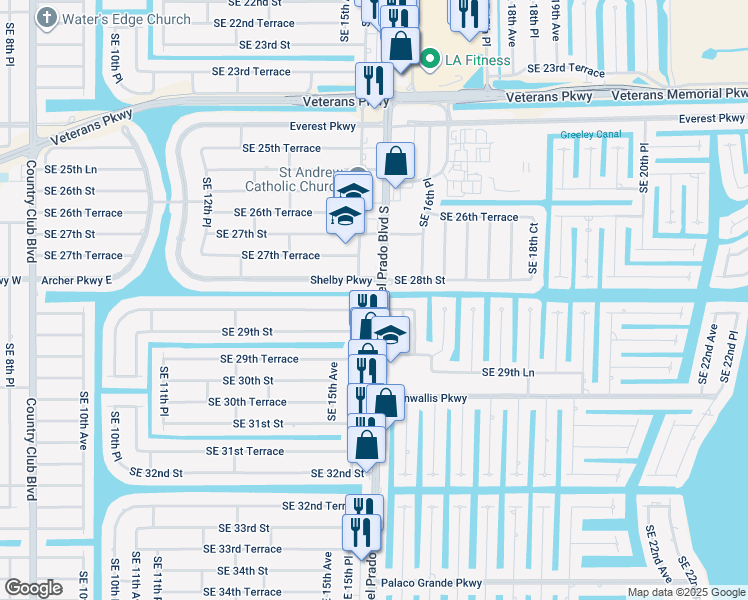 map of restaurants, bars, coffee shops, grocery stores, and more near 2804 Del Prado Boulevard South in Cape Coral
