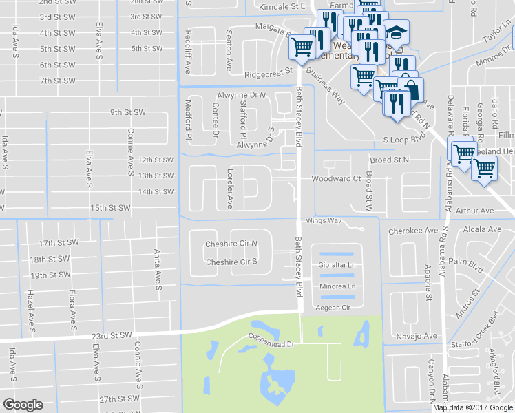 map of restaurants, bars, coffee shops, grocery stores, and more near 1424 Caywood Circle South in Lehigh Acres
