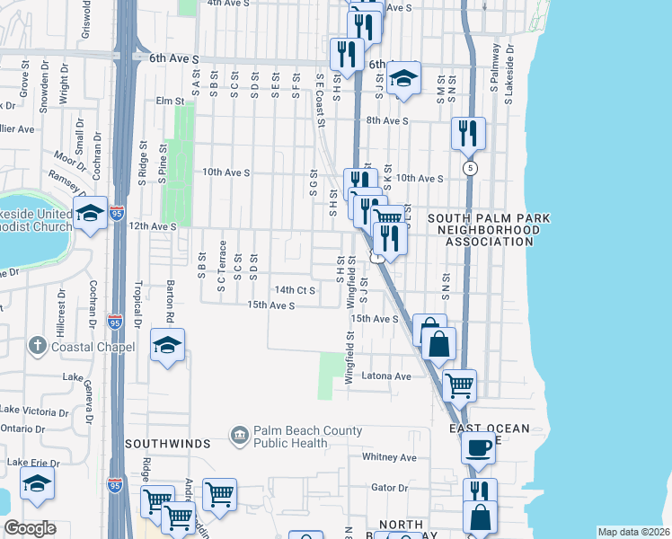 map of restaurants, bars, coffee shops, grocery stores, and more near 1314 South H Street in Lake Worth