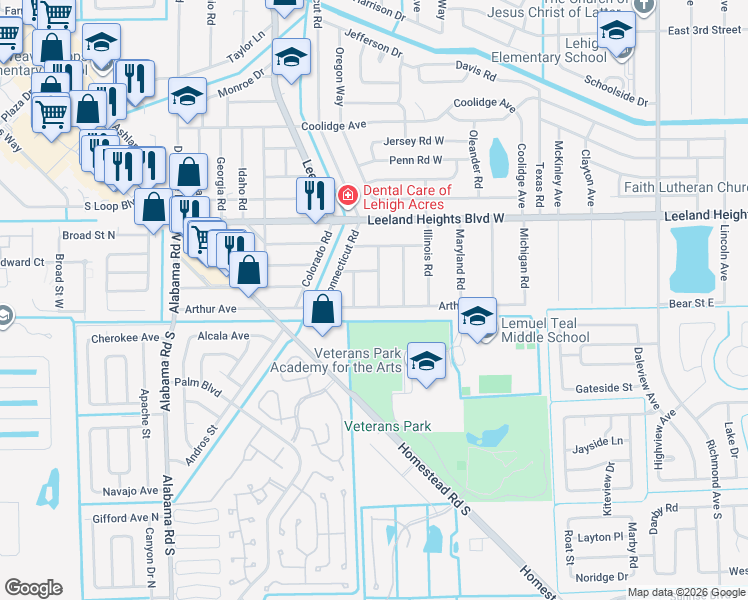 map of restaurants, bars, coffee shops, grocery stores, and more near 11 Kentucky Road in Lehigh Acres