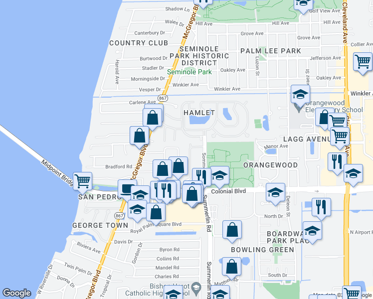 map of restaurants, bars, coffee shops, grocery stores, and more near 4360 Lazio Way in Fort Myers