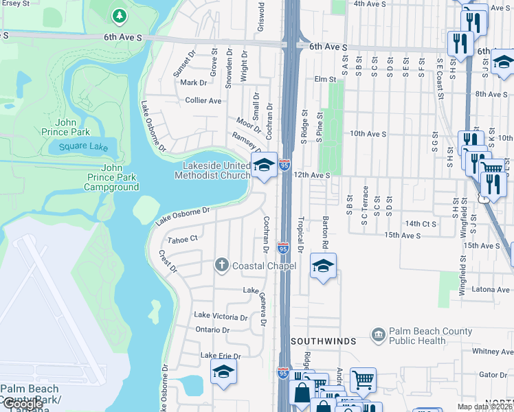 map of restaurants, bars, coffee shops, grocery stores, and more near 1302 Crest Drive in Lake Worth
