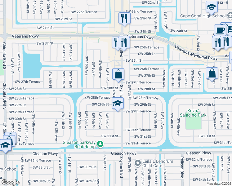 map of restaurants, bars, coffee shops, grocery stores, and more near 2817 Southwest 8th Place in Cape Coral