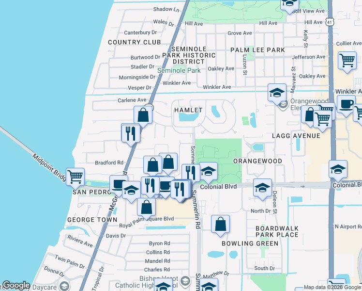 map of restaurants, bars, coffee shops, grocery stores, and more near 701 Lazio Way in Fort Myers