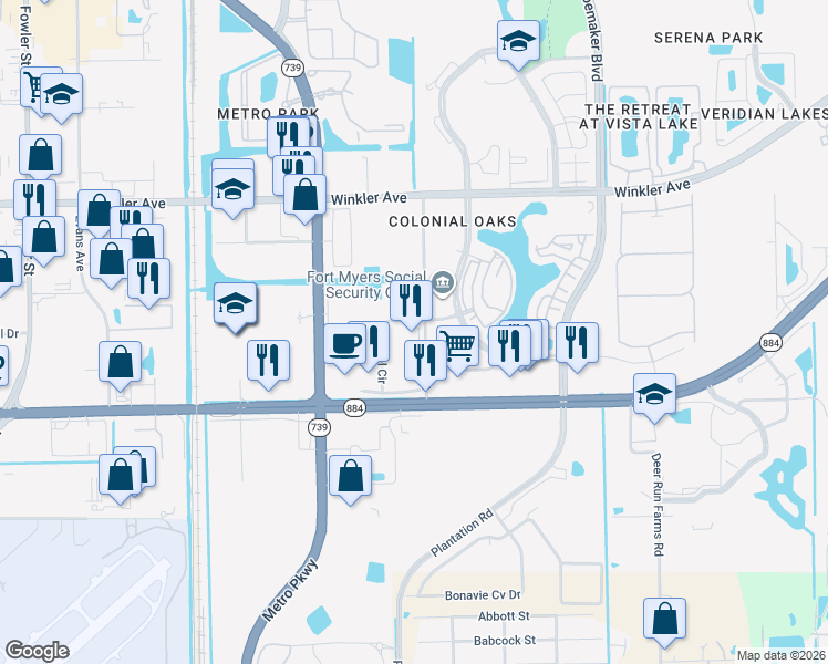 map of restaurants, bars, coffee shops, grocery stores, and more near 4300 Ford Street Extension in Fort Myers