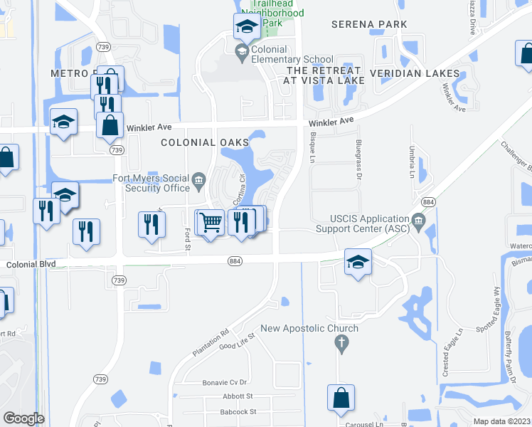 map of restaurants, bars, coffee shops, grocery stores, and more near 4299 Bellasol Circle in Fort Myers