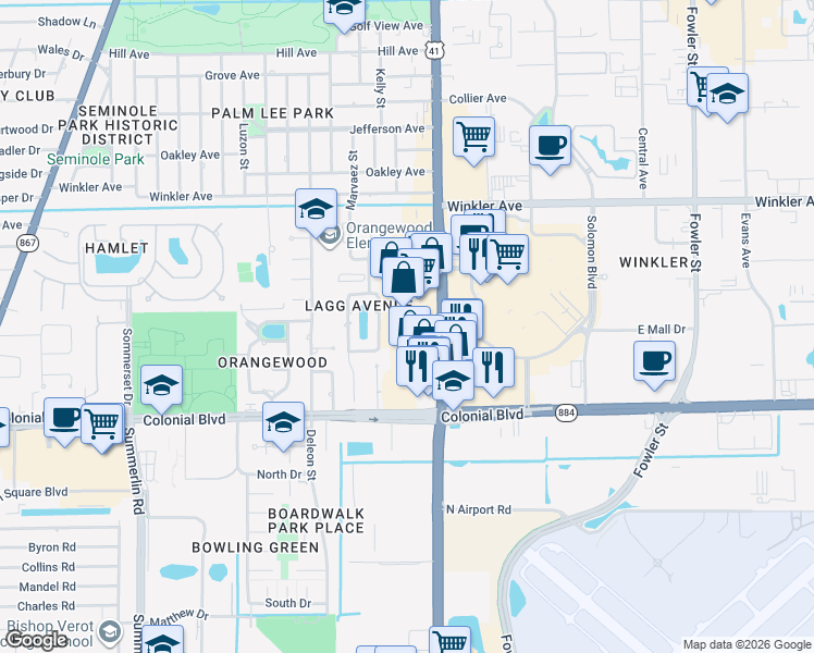 map of restaurants, bars, coffee shops, grocery stores, and more near 75-93 Mildred Drive in Fort Myers
