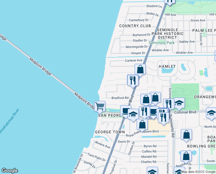 map of restaurants, bars, coffee shops, grocery stores, and more near 1301 Caloosa Vista Road in Fort Myers