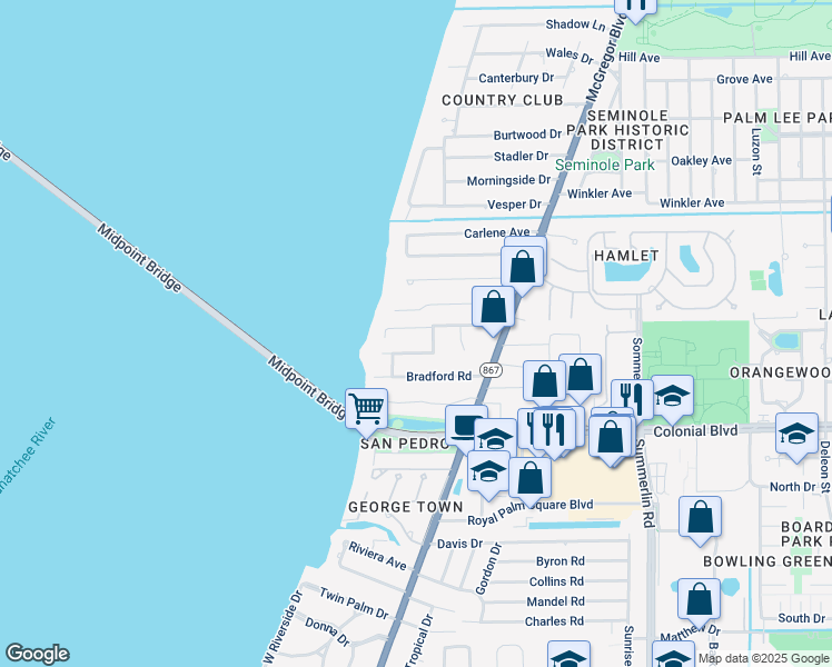 map of restaurants, bars, coffee shops, grocery stores, and more near 1325 Caloosa Vista Road in Fort Myers