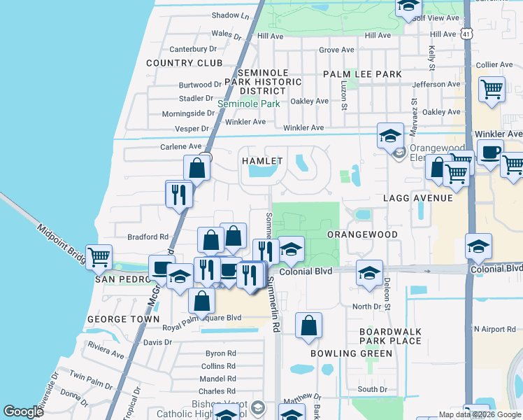 map of restaurants, bars, coffee shops, grocery stores, and more near 701 Lazio Way in Fort Myers