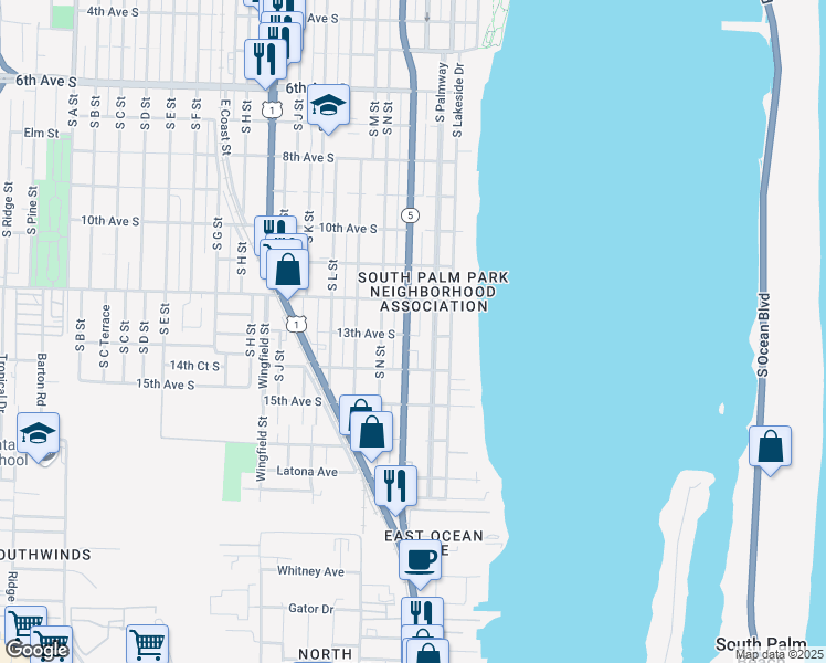map of restaurants, bars, coffee shops, grocery stores, and more near 1311 South Palmway in Lake Worth