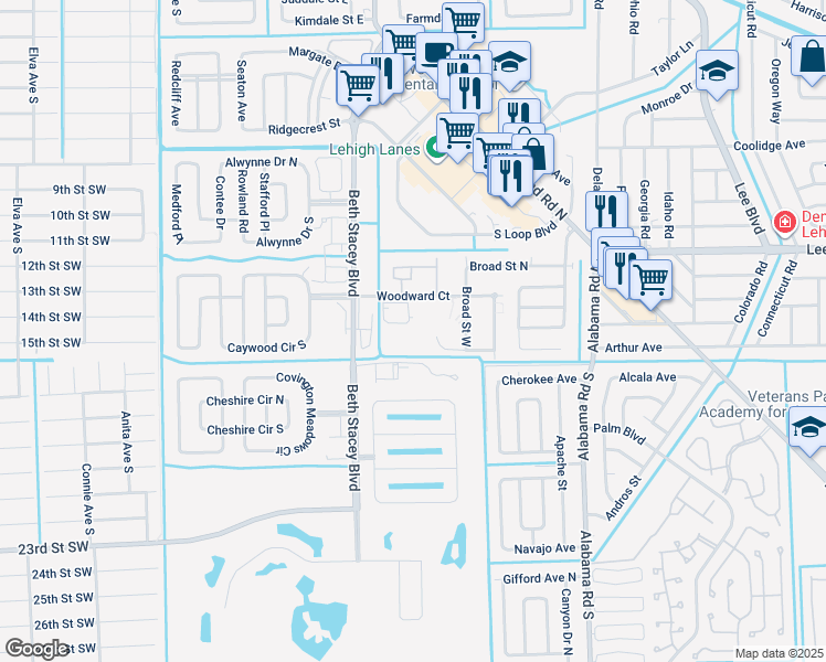map of restaurants, bars, coffee shops, grocery stores, and more near 1260 Wings Way in Lehigh Acres