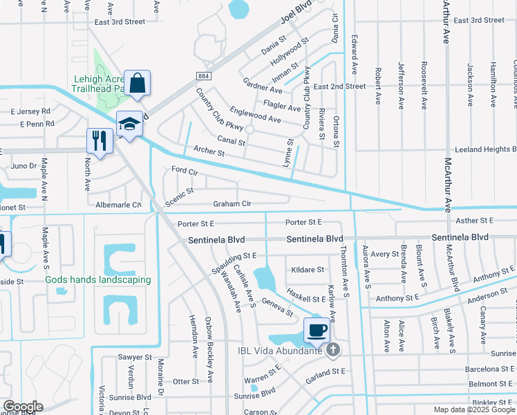 map of restaurants, bars, coffee shops, grocery stores, and more near 839 Porter Street in Lehigh Acres