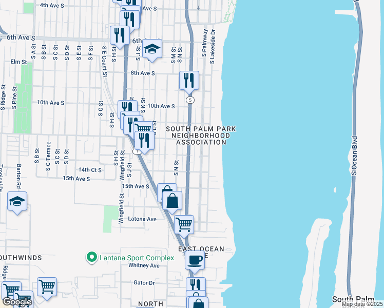 map of restaurants, bars, coffee shops, grocery stores, and more near 1311 South Palmway in Lake Worth