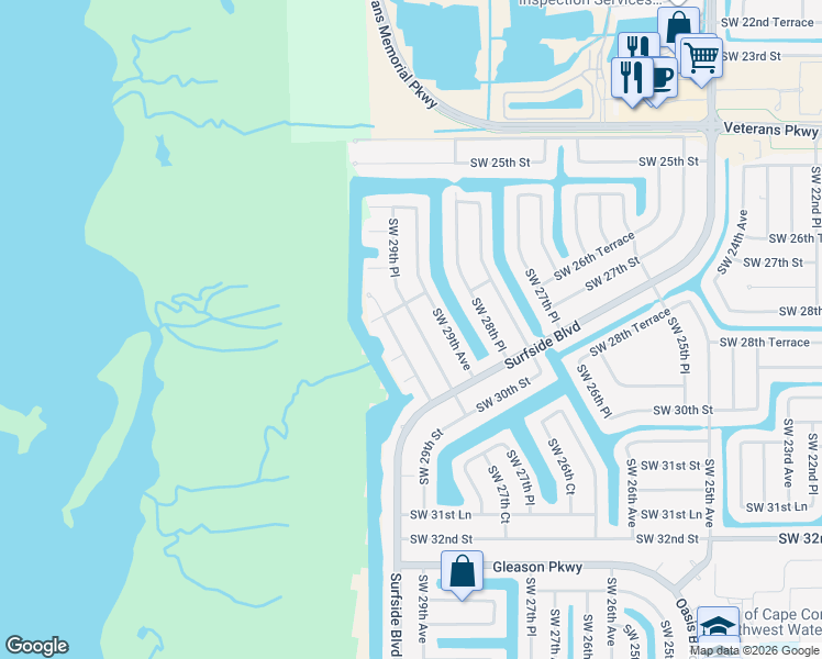 map of restaurants, bars, coffee shops, grocery stores, and more near 2812 Southwest 29th Place in Cape Coral