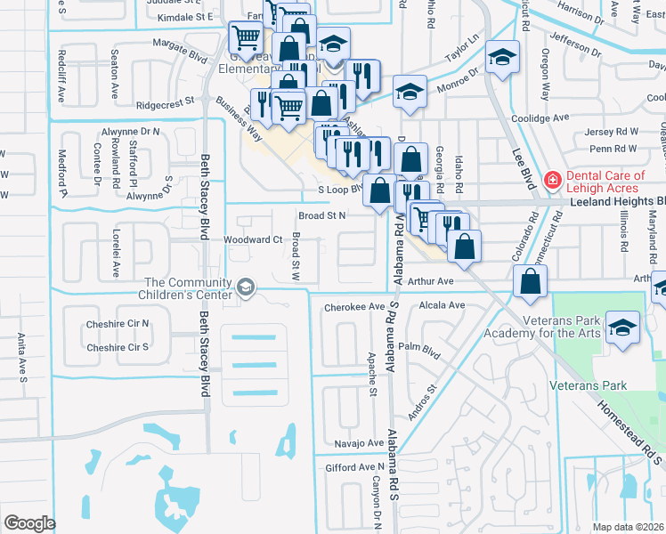 map of restaurants, bars, coffee shops, grocery stores, and more near 7 Vineyard Street in Lehigh Acres