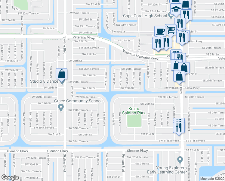 map of restaurants, bars, coffee shops, grocery stores, and more near 2736 Southwest 4th Place in Cape Coral