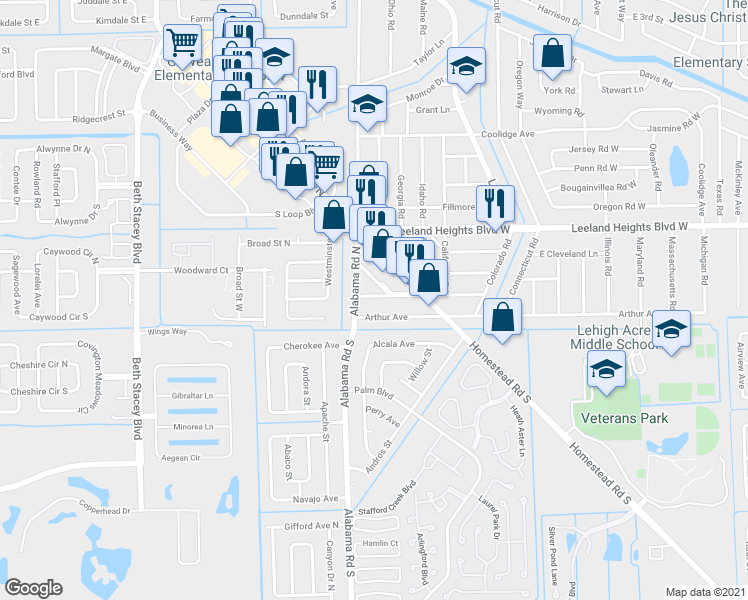 map of restaurants, bars, coffee shops, grocery stores, and more near 1100 Adams Avenue in Lehigh Acres