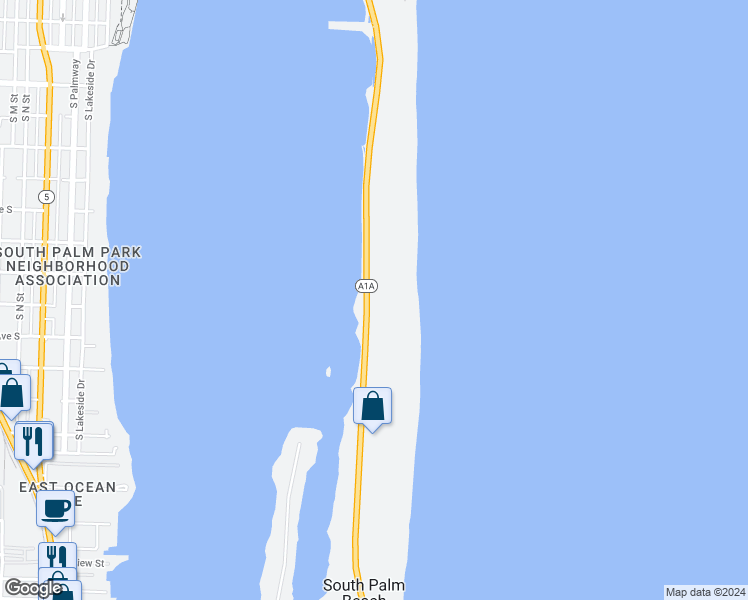 map of restaurants, bars, coffee shops, grocery stores, and more near 3360 South Ocean Boulevard in Palm Beach