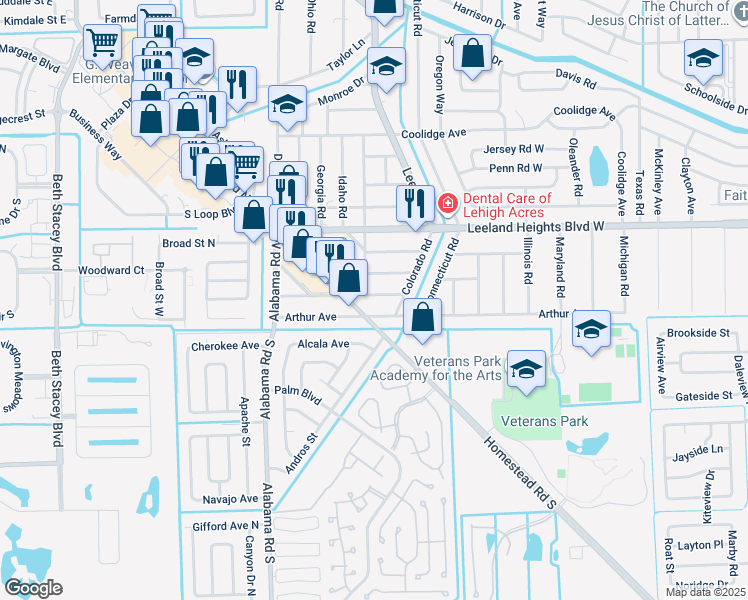 map of restaurants, bars, coffee shops, grocery stores, and more near 704 Adams Avenue in Lehigh Acres