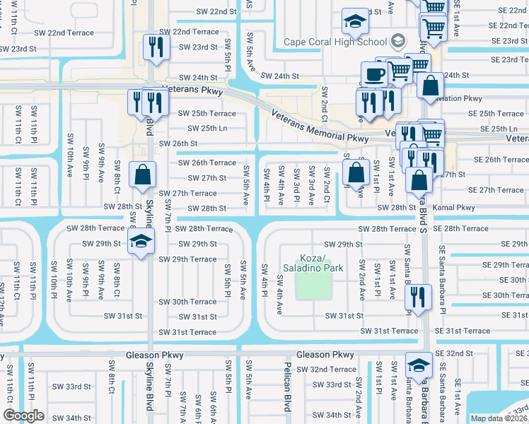map of restaurants, bars, coffee shops, grocery stores, and more near 2736 Southwest 4th Place in Cape Coral